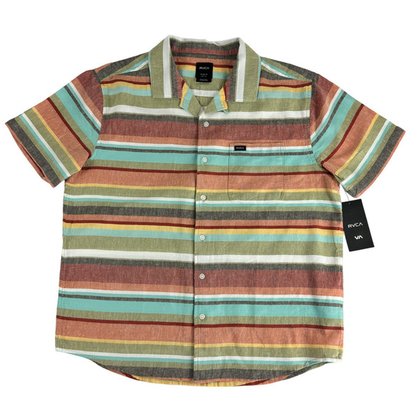 RVCA Other - RVCA Riviera Boys Button Up Shirt Sz M Short Sleeve Pocket Striped Logo Colorful